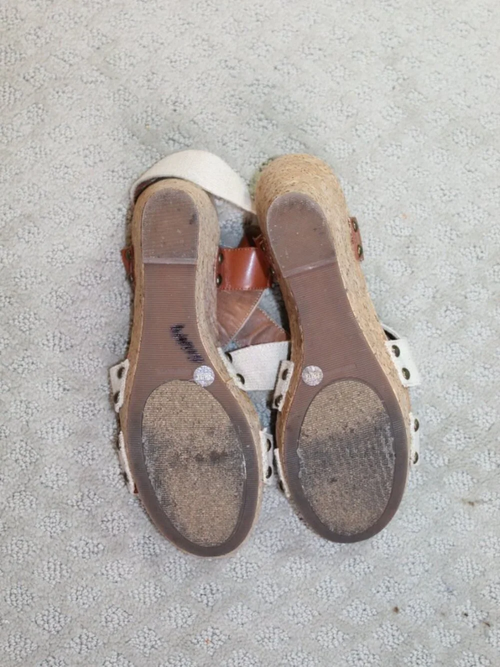 Lucky Brand Size 8 Cream Canvas Faux Leather Accents Cork Wedge Heel Sandals